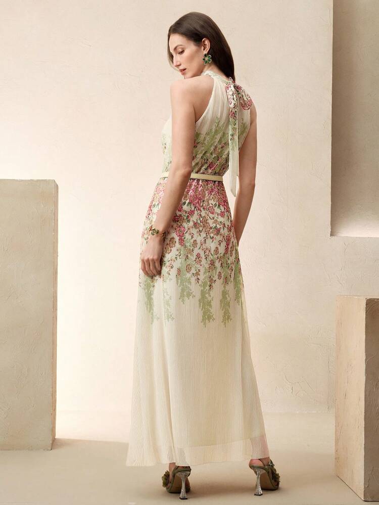 Abito lungo elegante e romantico da donna per vacanze primaverili/estive, con stampa floreale, arricciature e vita stretta. Abito da sera con collo ad aletta e motivo a fiori pesca