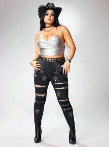 ROMWE Grunge Punk Jeans pitillo vaqueros de talla grande desgastados y desgarrados con cadena de strass y decoración punk estrella - Negro - Ver 5