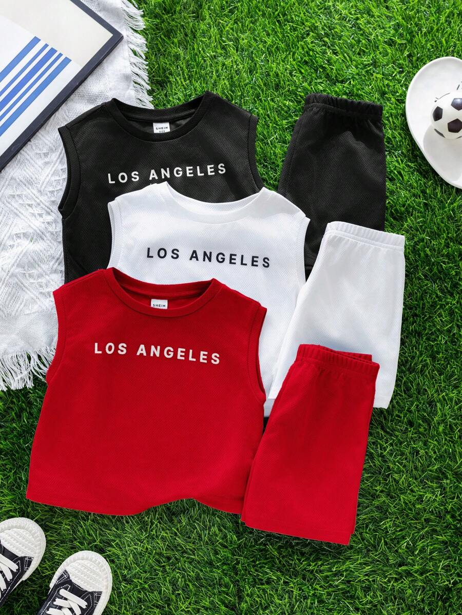 SHEIN 6件套男婴/女婴夏季休闲运动可爱字母印花上衣短裤全套搭配服装