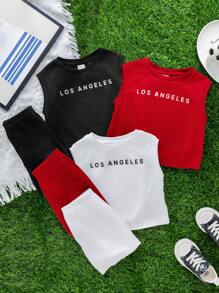 SHEIN 6件套男婴/女婴夏季休闲运动可爱字母印花上衣短裤全套搭配服装