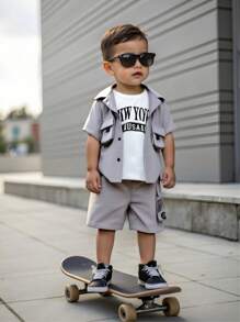 SHEIN 3pcs Baby Boys Set Includes Soft Knit Letter Print Collar Short Sleeve Shirt, Solid T-Shirt, And Elastic Waist Shorts - Light Grey - View 7