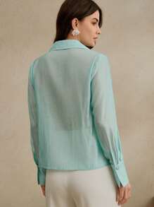 Anewsta Blusa con cuello de encaje y aplicaciones florales para mujer, apropiada para uso casual de negocios, eventos y salidas - verde menta - Ver 2