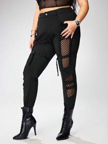 ROMWE Grunge Punk Plus Size Women Skinny Pants With Hollow Out, See-Through Net Fabric, Strappy Design, Suitable For Summer Beach, Graduation, Easter, Concert, Nashville Vacation And Elegant Tropical Music Festivals Like Rock, Punk, Heavy Metal