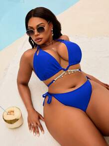 SHEIN Slayr CURVE Top de traje de baño de vacaciones casual sexy para mujer de talla grande, de unicolor, con triángulo, nudo, capa de cristal y cadena de moda