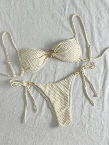 Swim Chiccia Women Beach Summer Outfits - Textured Solid Color Spaghetti Strap Sexy Bikini Set With Shell And Metal Decorations