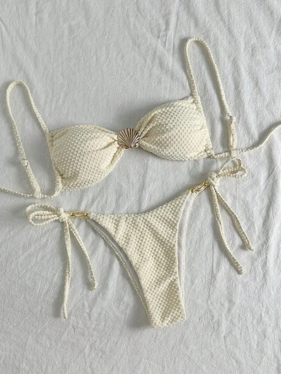 Swim Chiccia Conjunto de bikini con tirantes finos de unicolor con textura, sexy, con decoraciones de concha y metal para el verano en la playa para mujeres