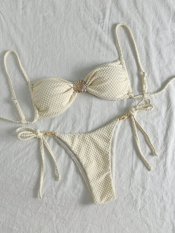 Swim Chiccia Conjuntos de Maiô Bikini Sexys com Alças de Espaguete Sólidos de Textura, com Decorações de Concha e Metal, Roupas de Verão para Praia Feminina