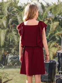 2pcs 2025 Spring/Summer New Casual Comfortable Resort Ruffled Sleeve Red Tween Girl Set, Suitable For Daily Wear, Outdoor Activities, And Family Holiday Gatherings - Burgundy - View 4
