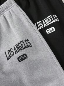 SHEIN 2 件 Tween Girl' 羊毛袖口运动裤，休闲百搭运动裤，带有洛杉矶印花 - 彩色 - 查看 3