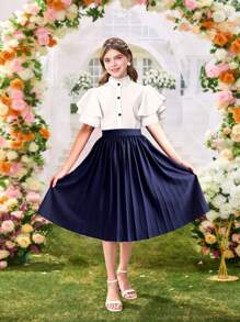 2 pièces Ensemble chemise à manches courtes avec volant blanc et jupe plissée pour pré-adolescentes, tenue décontractée/bureau, printemps/été