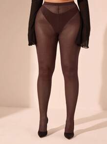 SHEIN BAE Plus Size Burgundy Sheer Leggings, Spring, Valentine's Day, Easter, Sexy, Y2K, Fashion, Chic, Music Festival - Coffee Brown - View 3
