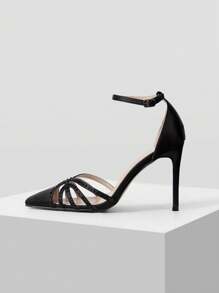 MOTF PREMIUM WOMEN'S BLACK HIGH HEEL HOLLOW-OUT RHINESTONE DECOR PUMPS - Black - View 2