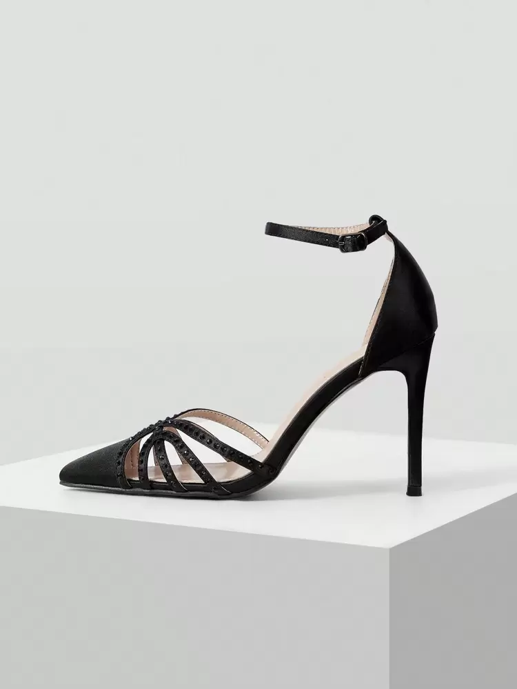 WOMEN'S BLACK HIGH HEEL HOLLOW-OUT RHINESTONE DECOR PUMPS