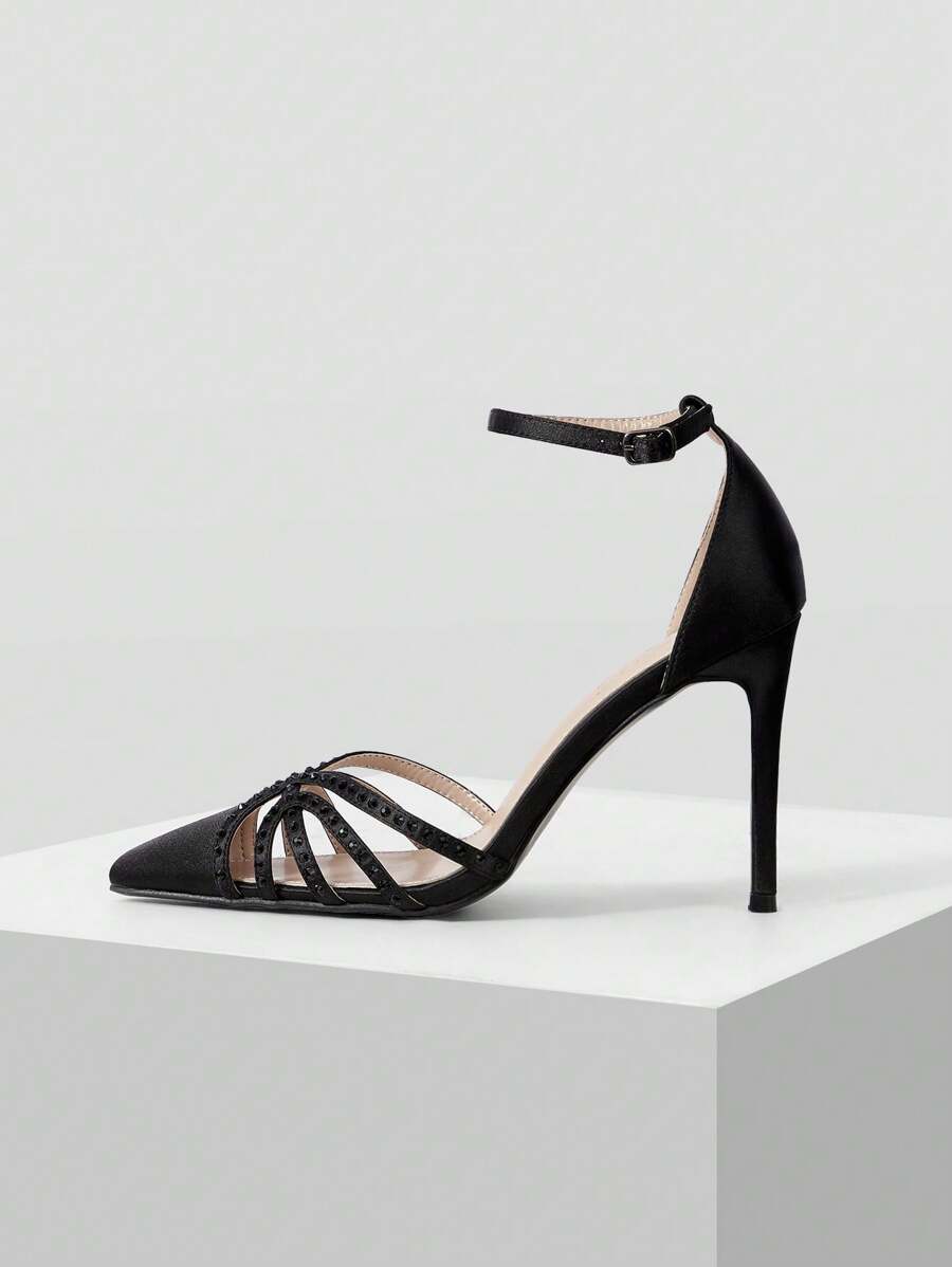 MOTF PREMIUM WOMEN'S BLACK HIGH HEEL HOLLOW-OUT RHINESTONE DECOR PUMPS - Black - View 2