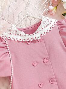 SHEIN Girls Elegant Cutout Lace Collar Ruffled Double-Breasted Pink Dress, Suitable For Festival, Family Gathering, Summer - Dusty Pink - View 3