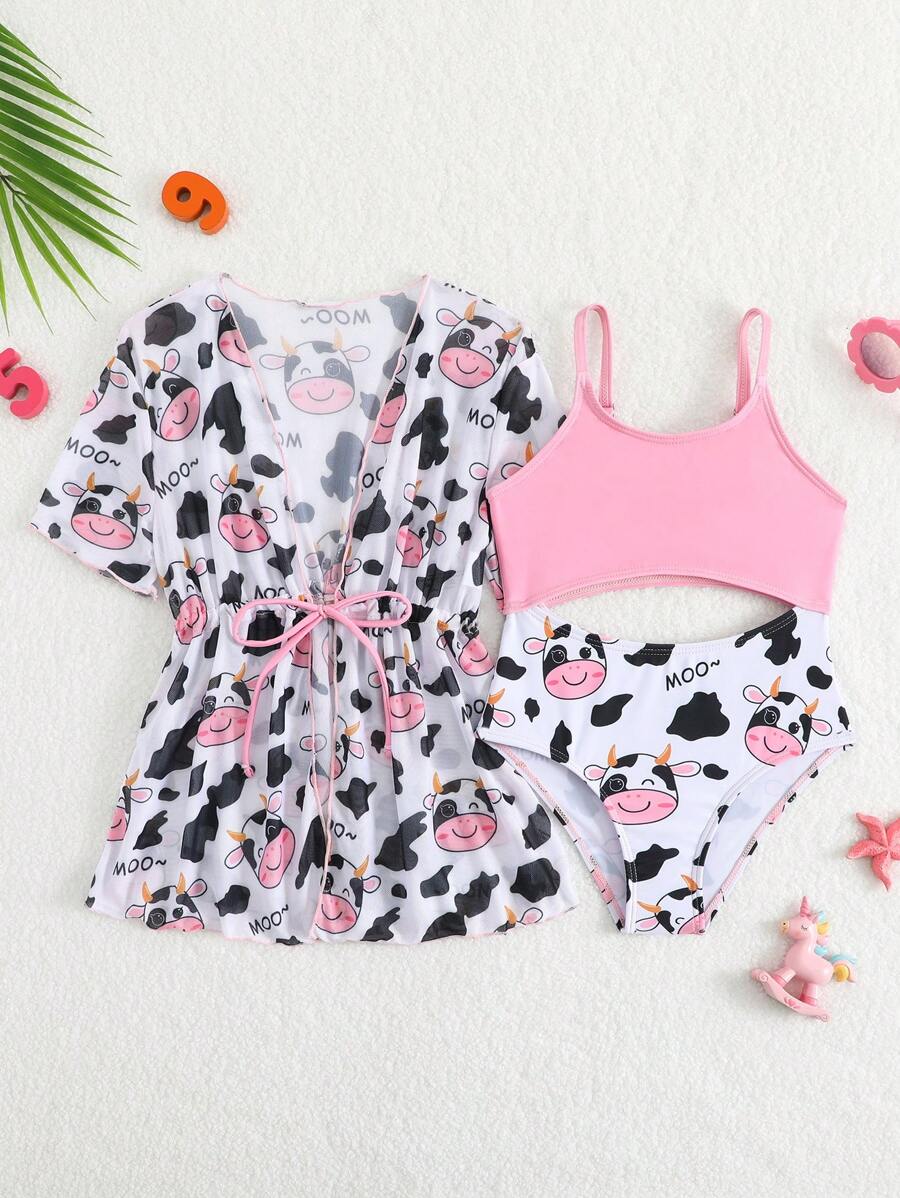 1pc Young Girl One-Piece Swimsuit, Random Print, With Cover-Up - Pink - View 1