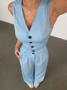 Flirla Casual Commuting Striped Vest And Long Pants Suit Set - Blue - View 3