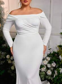 Glamrae 大码优雅奢华白色露肩长袖花卉拼布拖尾婚纱，新娘 - 白色 - 查看 2