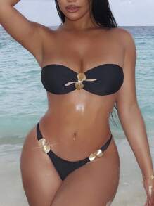 Swim SXY Mulheres 2 Peças/Conjunto Maiô Bikini Top e Bottom Decor de Concha Sexy Sem Alça e Sem Arame, Traje de Praia para Férias de Verão - Preto - Visão 7