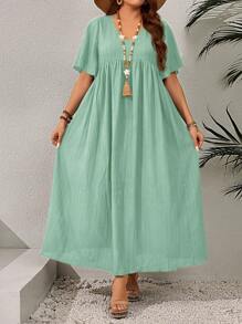 EMERY ROSE 大码女式早春 V 领褶饰休闲连衣裙，短袖