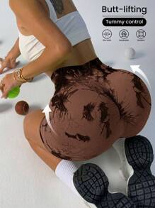 Easithlete 柔軟無縫紮染寬腰帶運動短褲 - 咖啡棕 - 查看 1