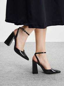 CUCCOO BIZCHIC 时尚黑色漆皮尖头粗跟高跟鞋，通勤、约会、派对、婚礼、度假皆宜。 - 黑色 - 查看 2