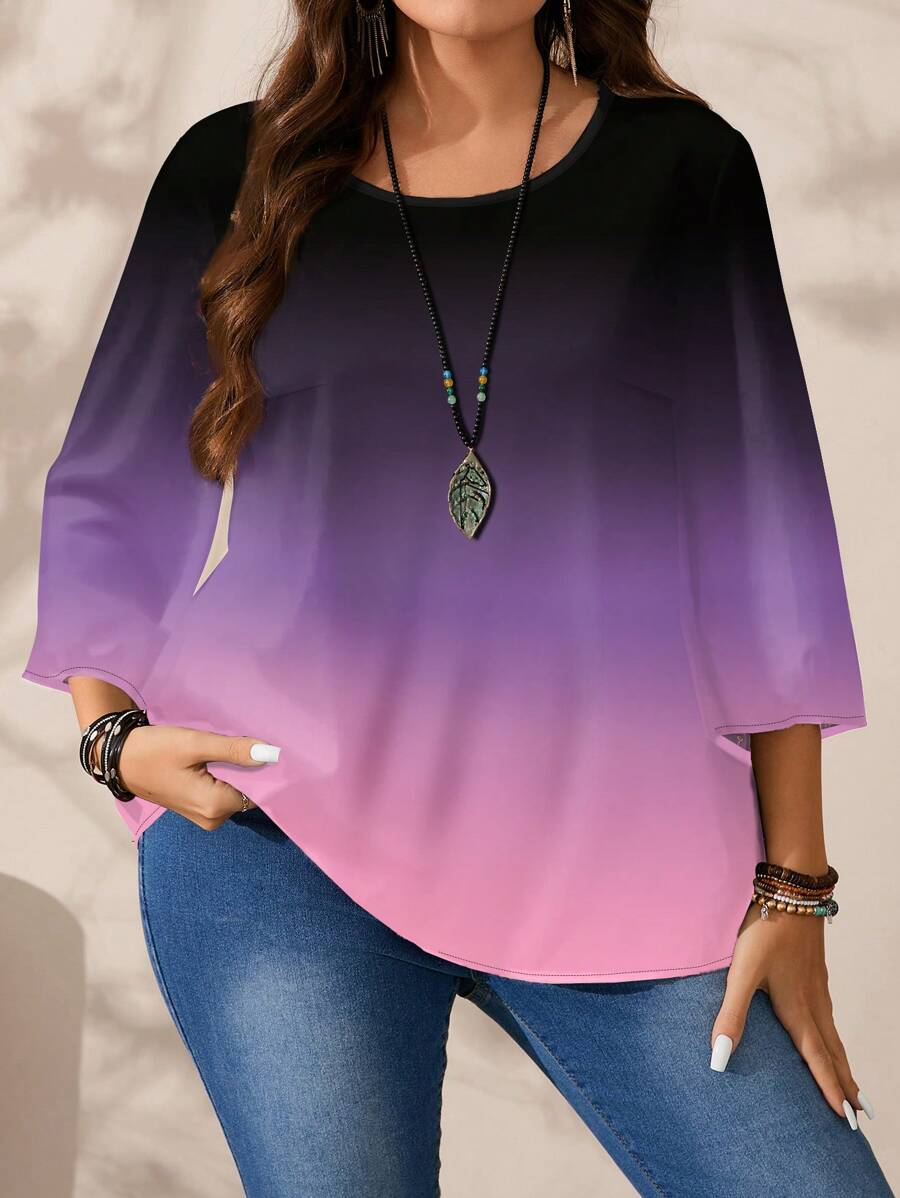 EMERY ROSE Áo cánh tay 3/4 in họa tiết rộng rãi, thoải mái, mùa xuân/thu, cỡ lớn cho nữ - Nhiều màu - Xem 1