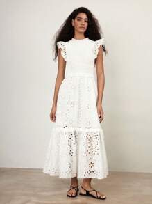 Maija Vestido casual de malha com renda e gola redonda, design com babados, primavera/verão 2025, ideal para o dia a dia, férias românticas na cidade, encontros, convidados de casamento, estilo boho, festivais de música e temporada de formatura - Branco - Ver 4