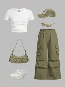 SHEIN 2pcs/Set Young Girl Knitted Solid Color Round Neck Pleated Top And Loose Casual Cargo Pants'