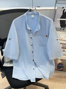 SHEIN Leap Crew 1 件青少年男孩休闲校园柔软纹理立领贴袋百搭百搭衬衫