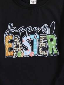 Young Boy Black Easter Letter Graphic Round Neck Short Sleeve T-Shirt, For Gifts - Black - View 5