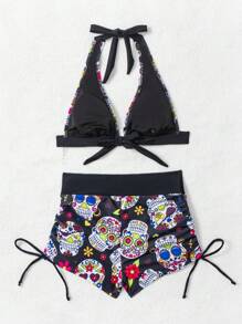 SHEIN 2pcs/Set Women Summer Beach Outfit - V-Neck Halter Random Floral Print Top And Drawstring Shorts, Elegant Bikini Set - Multicolor - View 4