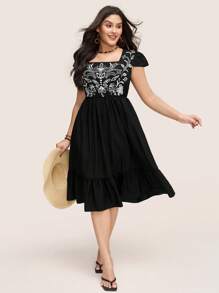 SHEIN LUNE Plus Size Women Floral Embroidery Pattern Ruffle Sleeve Elastic Waist Swing Dress Old Money Style Women Brunch Outfits For Women Airport Outfit Cowgirl Summer Outfits For Women Graduation Spring Women Summer Clothes Graduation Easter Outfit Women Spring Summer Clothes Vacation