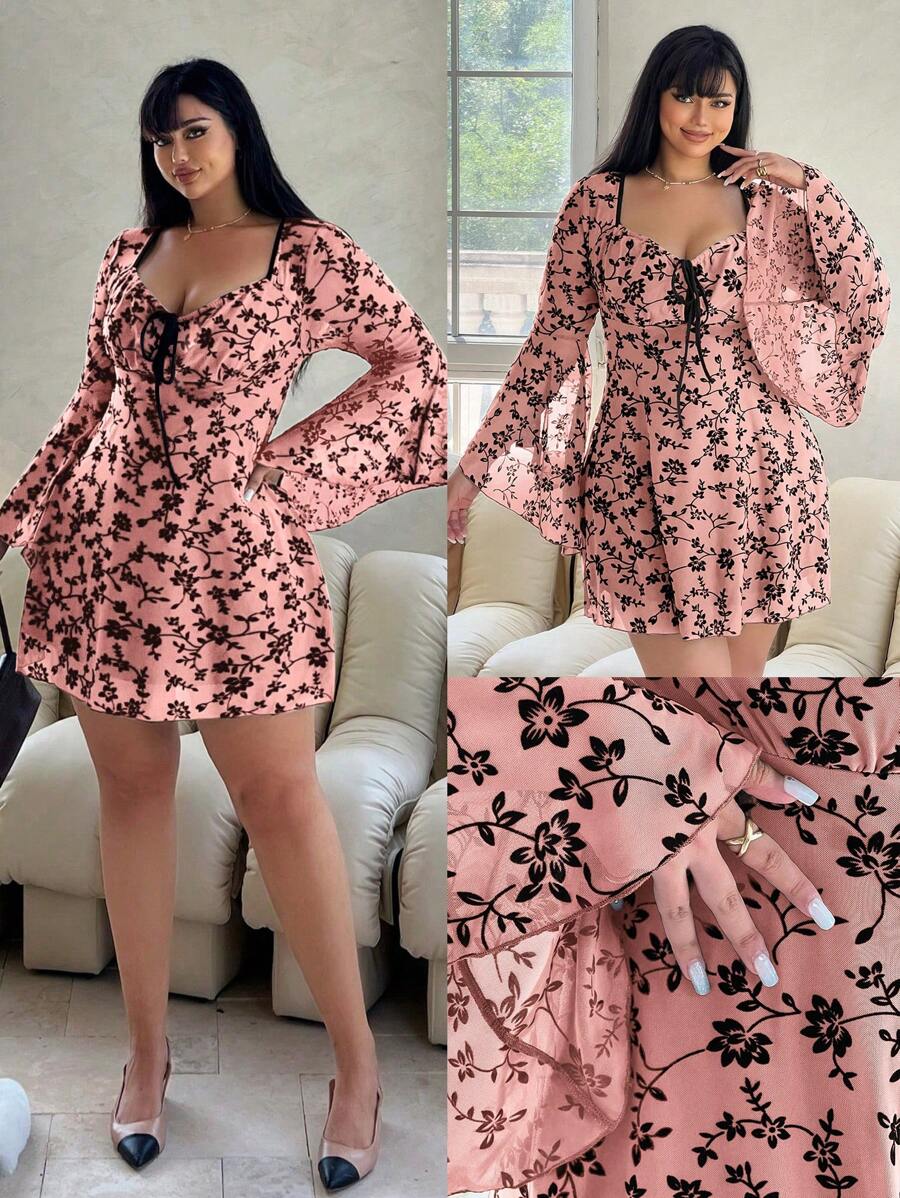 Flirla 大码系带印花休闲夏装，简约时尚 - 粉色 - 查看 1