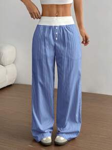 SHEIN Unity Women Striped Button Design Contrast Color Wide Leg Pants - Blue - View 3