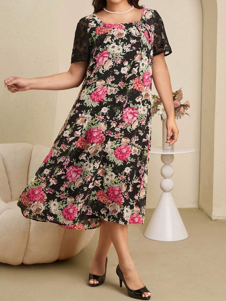 Plus Size Elegant Floral Print Lace Panel Summer Dress
