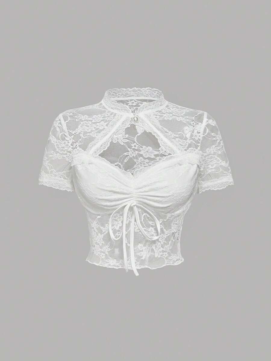 SHEIN MOD 女士性感白色镂空蕾丝透明衬衫，乡村音乐会，女士夏季，度假女士 - 白色 - 查看 1