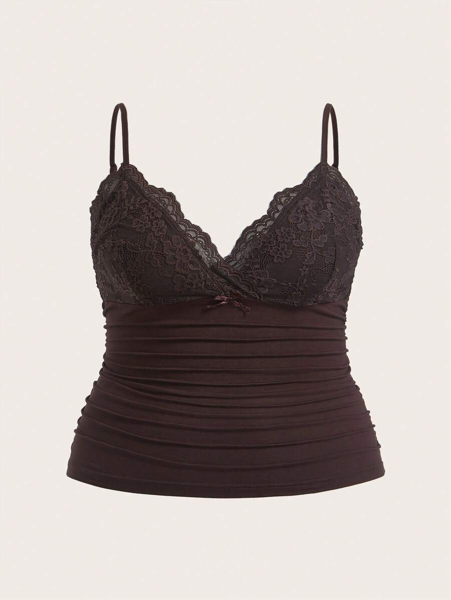 SHEIN ICON Plus Size Solid Color Lace Minimalist Camisole - Brown - View 1