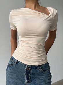 Siren Gaze Women Oblique Collar Short Sleeve T-Shirt, Summer New Design Fitted Casual Top