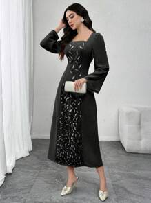 Modelyn 女士方领长袖优雅亮片网眼连衣裙 - 黑色 - 查看 5