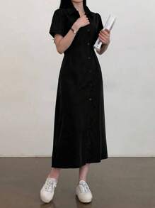 DAZY 休闲系腰长裙，女式纯色连衣裙太阳裙衬衫裙 - 黑色 - 查看 5