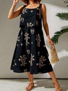 SHEIN Clasi Plus Size Women Floral Print Casual Strap Dress, Vacation Style - Black - View 4