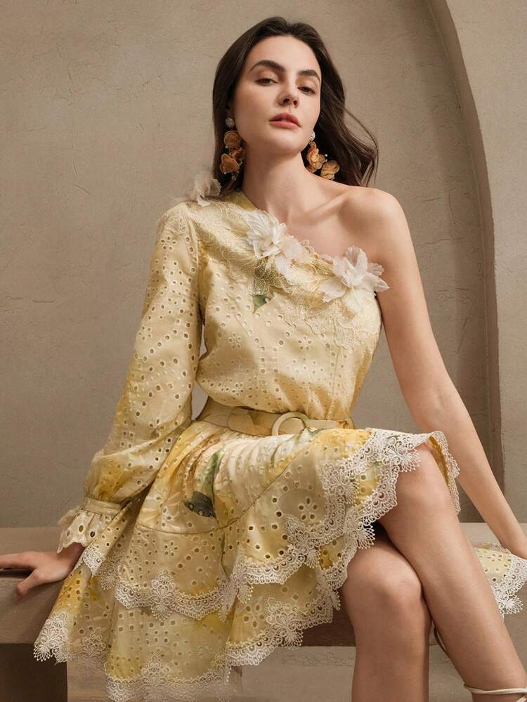 비스듬한 어깨 프릴 자수 프린트 액세서리 허리 벨트 패치워크 우아한 플로럴 드레스, 여성을 위한 축제/외출/휴가 의상