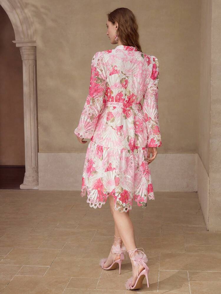 ROMANTIC FLORAL PRINT EYELET EMBROIDERY A-LINE DRESS
