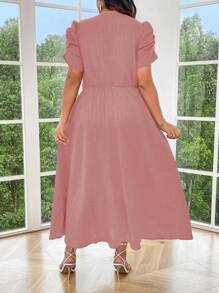 Celure Plus Size Women's Summer Solid Color V-Neck Short Sleeve Bubble Hem Long Elegant Dress With Waist Pleats, For Christmas Maxi Women Outfit