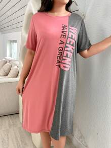 SHEIN 大码拼色字母印花休闲短袖T恤睡袍，Moo Moo 睡裙