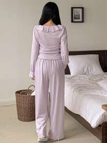 DAZY Ditsy Floral Ruffled Hemline Wavy Edge Design Loose Cropped Top And Straight Leg Loose Pants Set, Sleepwear - Purple - View 2