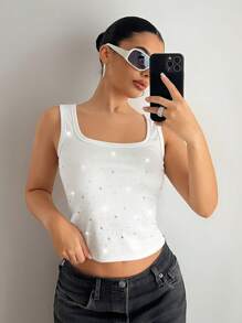 EgrlEra Women's Square Neck Full Crystal Rhinestone Tank Top, Western Style, Suitable For Summer, Cowgirl For Women - White - View 5