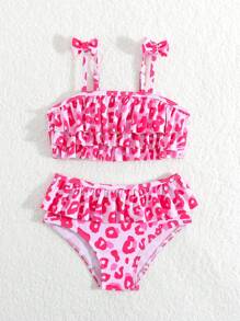 Young Girl Leopard Print Bikini Set/Random Print/Frilled Trim/Two Pieces Swimwear - Multicolor - View 3