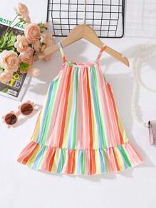 SHEIN Baby Girl Summer Korean Casual Cute Multi-Color Stripe Print Woven Dress